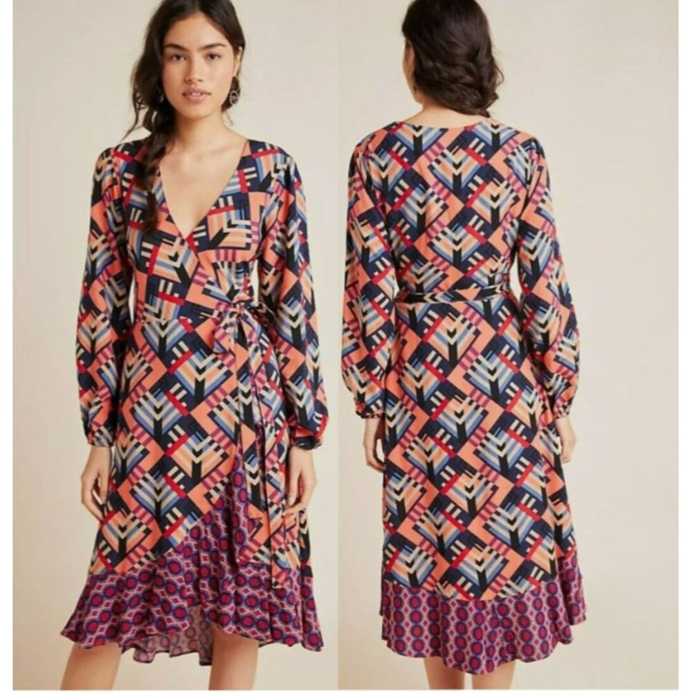 Anthropologie WRAP DRESS Porridge Amity Women's size XS MIDI CONTRASTING HEM - Picture 1 of 12